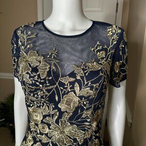 Betsy and Adam Ivanna Evening Dress Navy w/Gold Embroidery Size 8 NWT